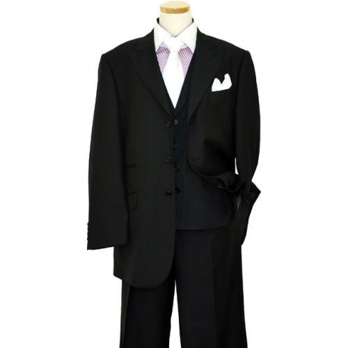 Bertolini Solid Black Wool & Silk Vested Suit 66050
